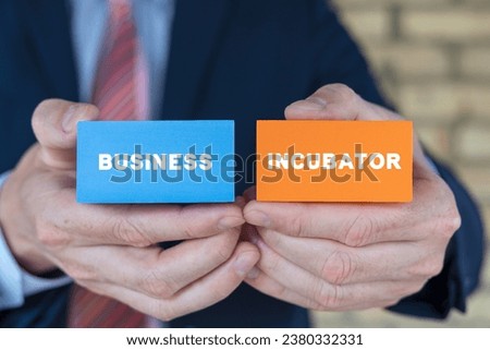 Man holding colorful blocks with inscription: BUSINESS INCUBATOR. Concept of business incubator. Developing funding startup. Success investment. Business accelerator. Royalty-Free Stock Photo #2380332331