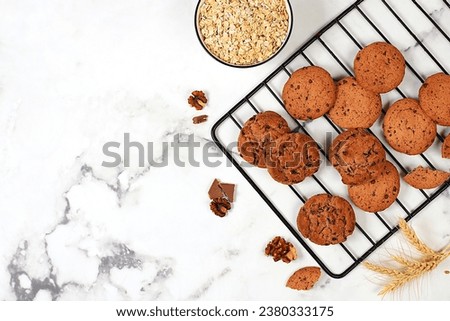 Homemade oatmeal cookies with chocolate chips and gluten free nuts on a cooling rack on concrete background,modern bakery concept with ears of corn.Healthy breakfast with ingredients,top view,