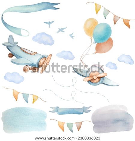 Airplanes Ribbon Sky Clipart, Baby Boy Announcement Clipart, Baby Boy Airplane Nursery Cliparts, Baby Watercolor Clip Art