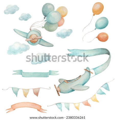 Airplanes Ribbon Sky Clipart, Baby Boy Airplane Clipart, Baby Boy Announcement Clipart, Watercolor Balloon Cipart, Watercolor Ribbon Clip Art