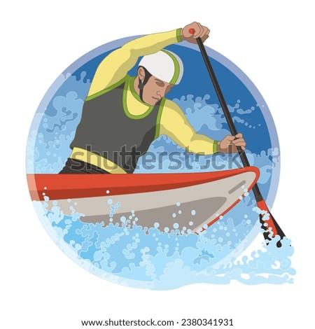 whitewater canoeing male canoeist with water rapids in a circular background