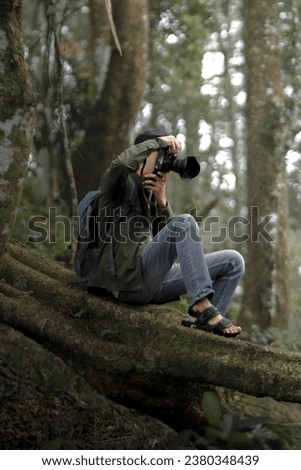 a photographer is photographing a landscape of trees in the forest