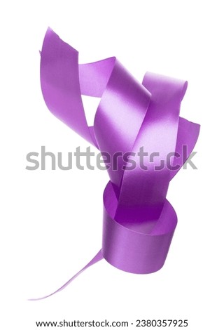 Purple Violet ribbon long straight fly in air with curve roll shiny. Purple Violet ribbon for present gift birthday party to wrap around decorate and make long straight. White background isolated