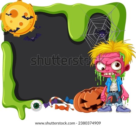 A vector cartoon illustration of a zombie standing next to various Halloween elements on a blackboard banner