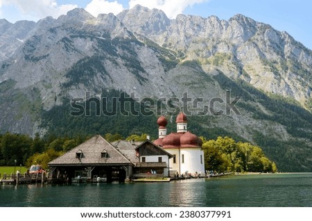 Boat dock St. Bartholomä at Lake Königssee off the Watzmann massif, Berchtesgaden National Park, Berchtesgadener Land, Upper Bavaria, Bavaria Royalty-Free Stock Photo #2380377991