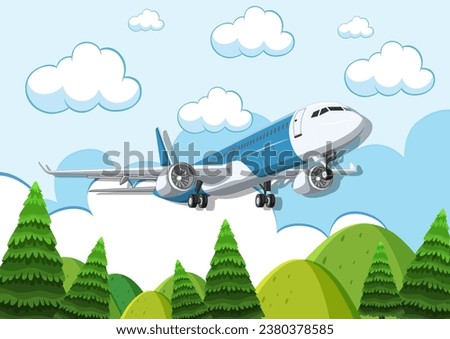 A cartoon illustration of a commercial airline airplane soaring through a clear blue sky above a forest below