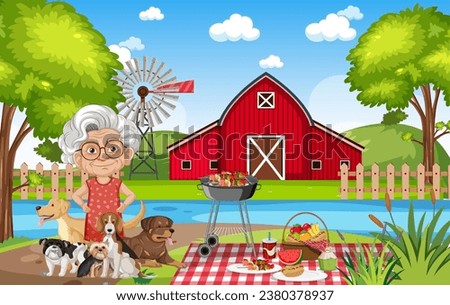 A heartwarming scene of a grandmother enjoying a picnic with her dogs by a river
