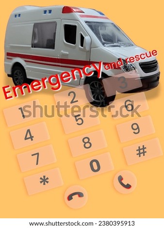 superimposed image of a white ambulance vehicle with red stripes and a telephone dial button. the background is yellowish brown. there is also red writing