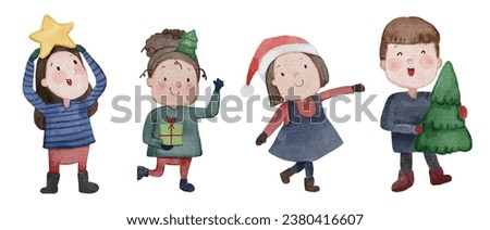 Children with christmas costume . Watercolor paint cartoon characters . Set 1 of 5 . Vector .