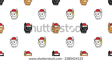 cat seamless pattern Christmas Santa Claus hat munchkin kitten calico neko vector pet doodle cartoon gift wrapping paper tile background repeat wallpaper illustration scarf isolated design