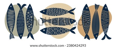 Collection of vector hand-drawn cute fish in flat style. Fish body, vector icons. Vector illustration for icon, logo, print, icon, pattern. Royalty-Free Stock Photo #2380424293