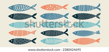 Set of colorful sardines. Vector hand drawn illustration.