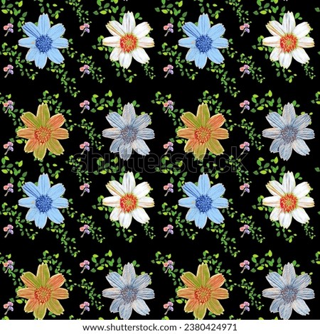 Create a seamless pattern from a customized flower image on a black background. It can be used for wrapping paper, fabrics, cards, or wallpaper.