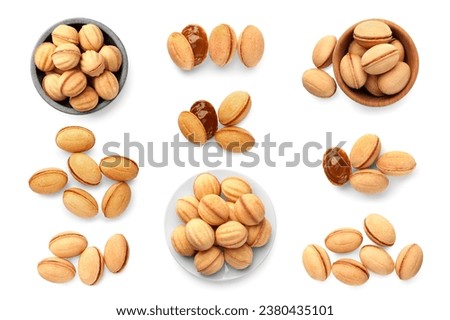 Delicious nut shaped cookies with caramelized condensed milk isolated on white, top view. Collage design