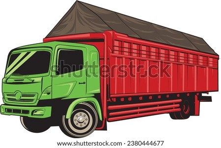 Red truck carrying cargo covered with tarpaulin tied with rope - delivery truck isolated on a white background. Vector illustration