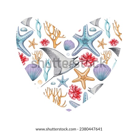 Hand drawn border with seashells,starfish,manta ray. watercolor illustration
