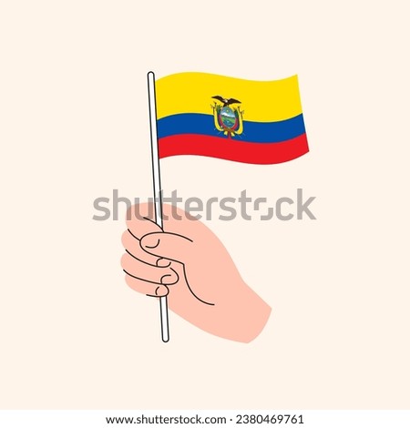 Cartoon Hand Holding Ecuadorian Flag, Simple Vector Design. Flag of Ecuador, South America Illustration, Isolated Flat Drawing