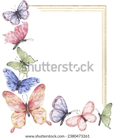 Watercolor buttrefly border clipart, florals frame clip art, insect illustration