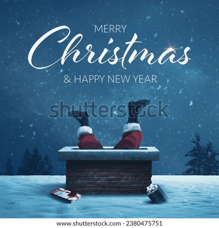 Funny Santa Claus stuck with feet up in a chimney on a roof, he is delivering gifts on Christmas Eve Royalty-Free Stock Photo #2380475751