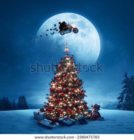 Decorated tree and contemporary Santa Claus flying in the sky riding a motorbike, Christmas background