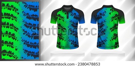 Vector sport pattern design template for Polo T-shirt front and back with short sleeve view mockup. Shades of green-blue-grey color gradient abstract texture background illustration.