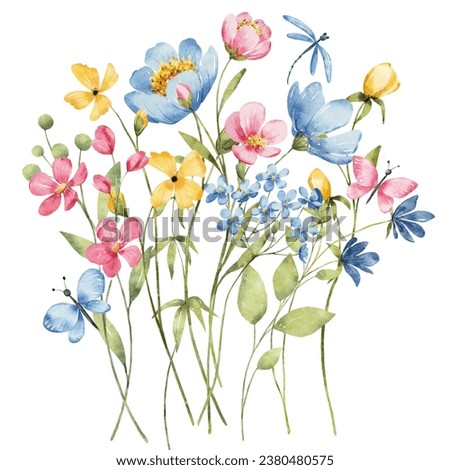 Blue flowers watercolor, floral clip art. Composition wild flowers perfectly for printing design on invitations, cards, wall art and other. Botanical illustration isolated on white background.