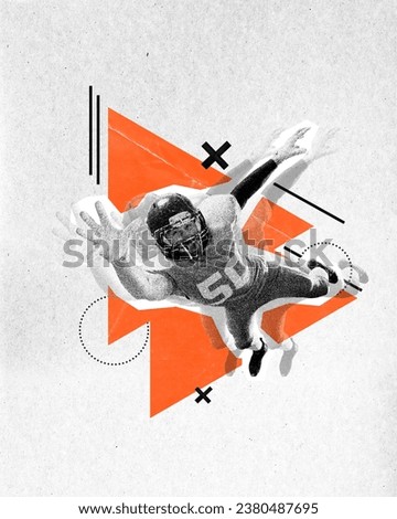 Man, American football player in a jump, catching ball over abstract light background. Creative design. Paper texture style. Concept of sport event, betting, game, championship. Poster for ad