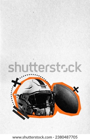 American football ball and helmet over abstract background with line art. Creative design. Paper texture style. Concept of sport event, betting, game, championship, competition. Poster for ad