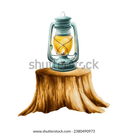 Watercolor watercolor old oil kerosene lantern on wooden stump illlustration. Mountin equipment for recreation tourism and adverture isolated on white background. Clip art for autumn and winter decor,