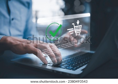 Online payment with digital marketing, Businessman touch banking online bill payment Approved concept button, credit card and network connection icon on business technology virtual screen background
