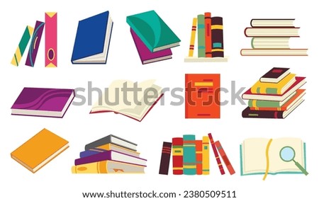 Vector books icon set. Learning or education concept. Different design of books or notebooks. Reading, learn and receive education through books. Read more books
