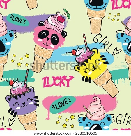Seamless pattern with cute ice cream and animal face . For prints on T-shirts, textiles, paper products, the Web.