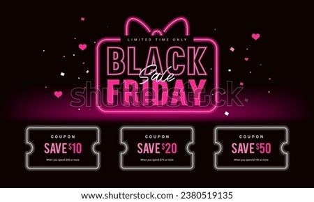 Black Friday Sale Coupon banner vector design. Pink neon lights gift box