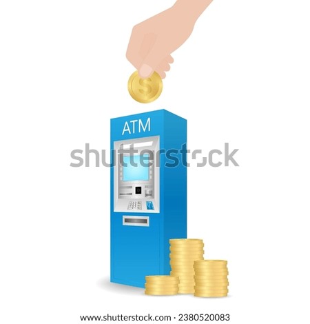 Saving, Depositing Money and Investment Concept. Hand Putting Money to ATM to Deposit Money. Vector Illustration.