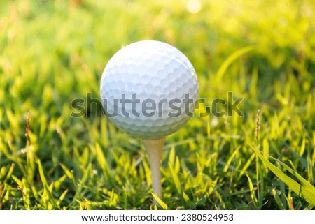 Image of a golf ball on a tee with a green-yellow bokeh background and fair sunlight.