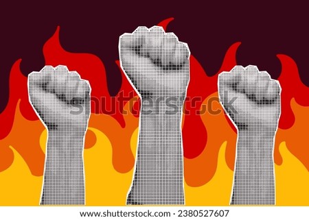 Halftone collage banner, three raised fists on a background of flames, fire. Protest concept, paper cut hand gesture, pop art illustration.