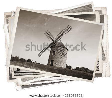 Black and white photos, Vintage photos with Old windmill in Normandy, France