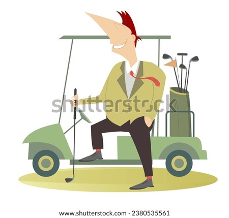 Golfer man on the golf course.
Golf course. Cartoon golfer with a golf club standing near a golf cart
