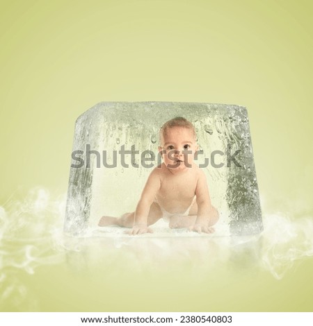 Cryopreservation as method of infertility treatment. Baby in ice cube on olive color background