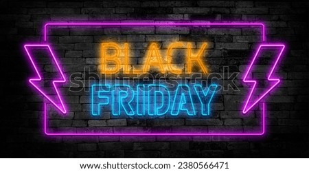 Neon Black Friday and Cyber Monday signboard. Sale banner with glowing neon text. Concept template for promo banners, flyers, brochures. Stock vector illustration. Royalty-Free Stock Photo #2380566471