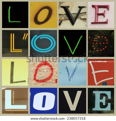 Collage letters forming the word love in different colors,fonts and texture.