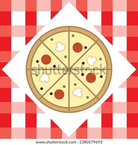 pizza icon, slice, chechered tablecloth, vector illustration 