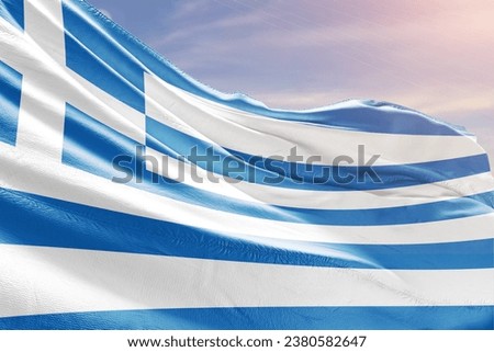 Greece national flag waving in beautiful sky.