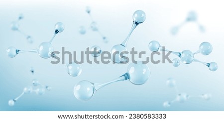 3D glass molecules or atoms on light blue background. Concept of biochemical, pharmaceutical, beauty, medical. Science or medical background. Vector 3d illustration