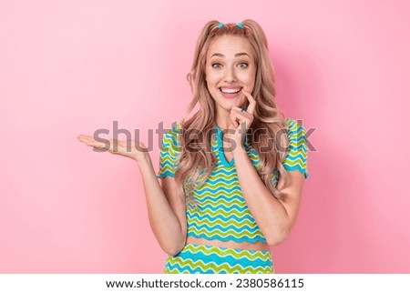 Photo of cheerful excited girl wear stylish summer costume blouse recommend new collection isolated on pink color background Royalty-Free Stock Photo #2380586115