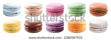 Macaroon Macaron, front view on white background cutout file. Many assorted different colours. Mockup template for artwork Royalty-Free Stock Photo #2380587933
