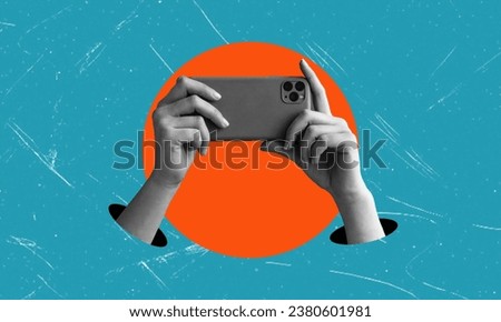 Contemporary conceptual art poster showing a hand holding a smartphone, take a picture. Contemporary art collage on blue background