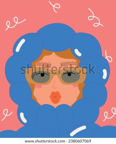 Portrait of a young girl in profile 
Warm woman in winter with blue duster and sunglasses. Avatar. A model face. Flat vector illustration.