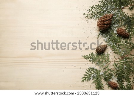 Christmas branches with fir cones and snow on light wooden background