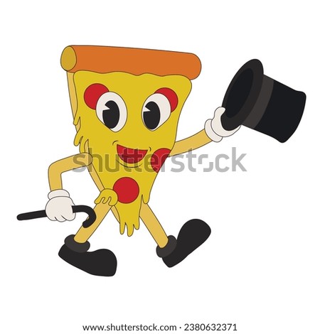 Funny pizza slice with hat and cane on white background